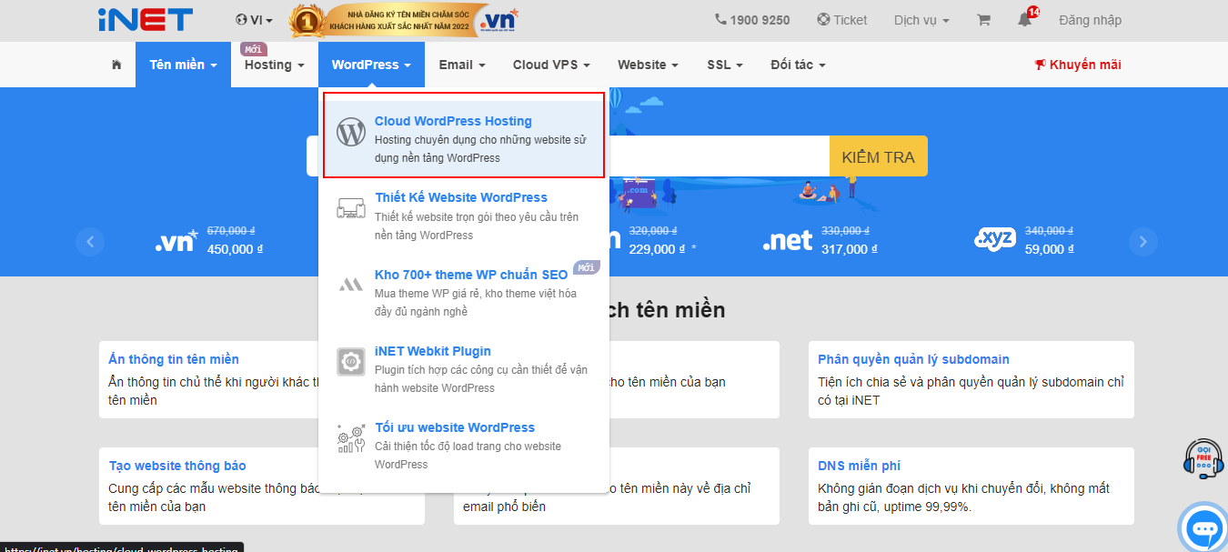 Kích chọn Cloud WordPress Hosting